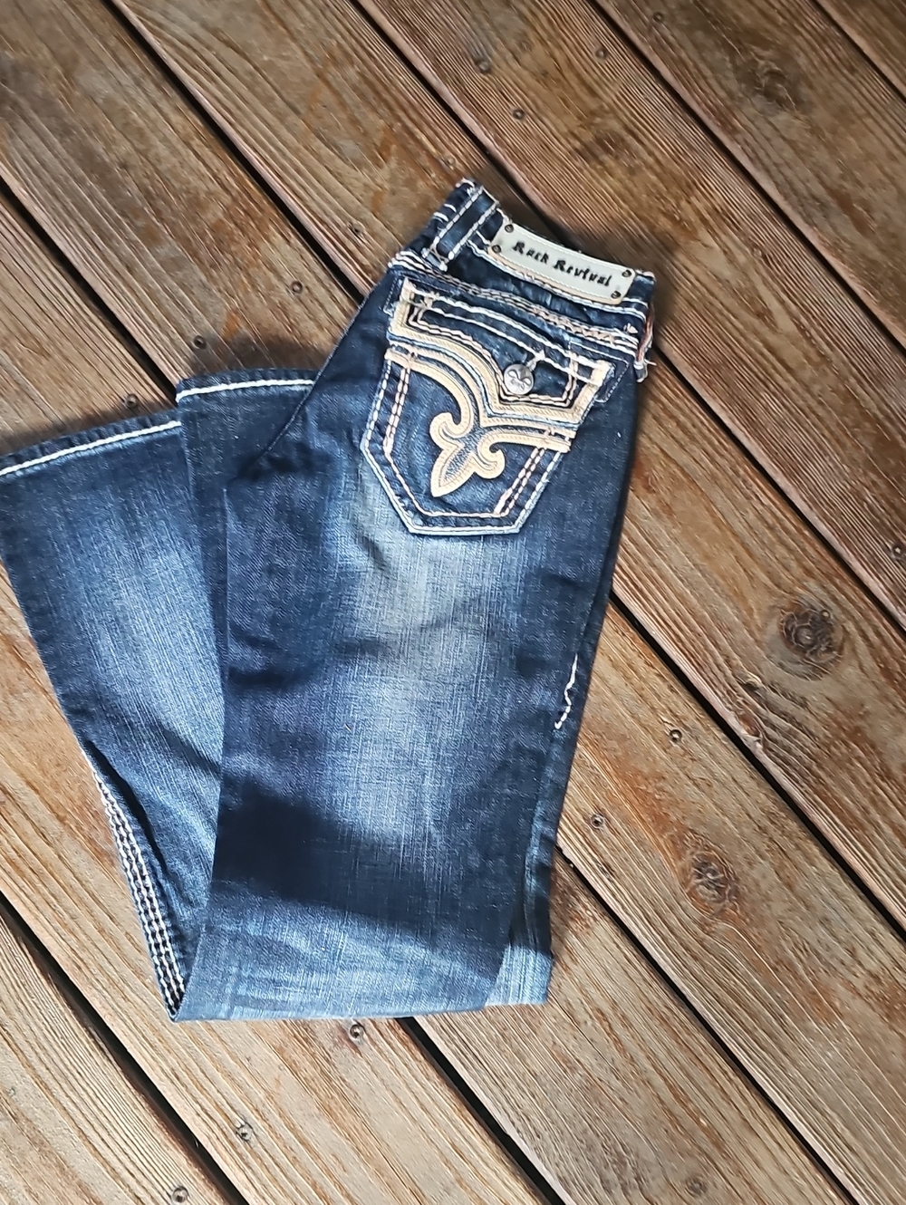 Rock Revival Dark Blue Boot Cut Jeans with Contrasting Embroidered Pockets